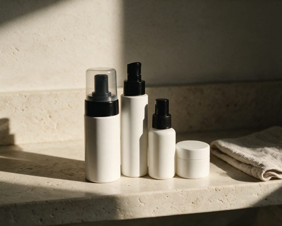 The Wash, The Face Oil, The Mist and The Balm on a travertine ledge